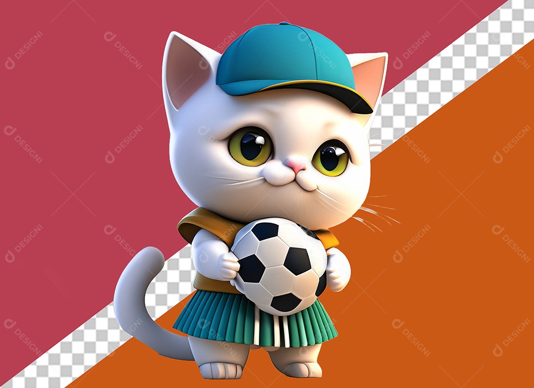 Gatinho com uma Bola de Futebol Elemento 3D para Composição PSD