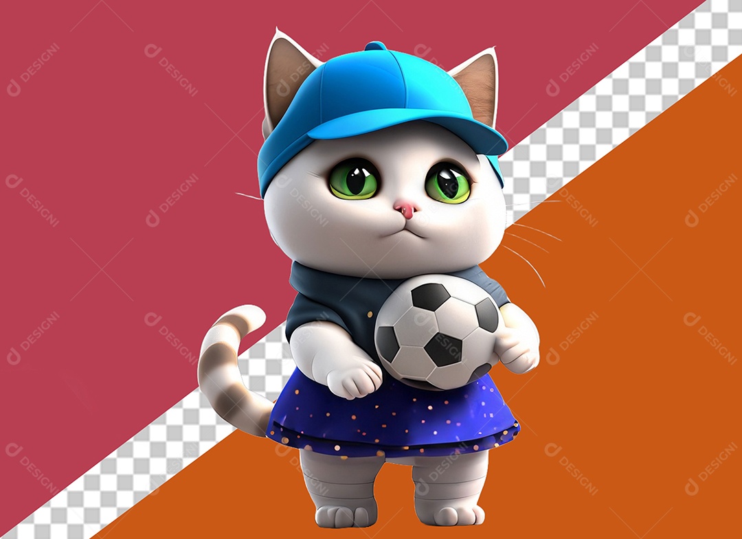 Gatinho com uma Bola de Futebol Elemento 3D para Composição PSD