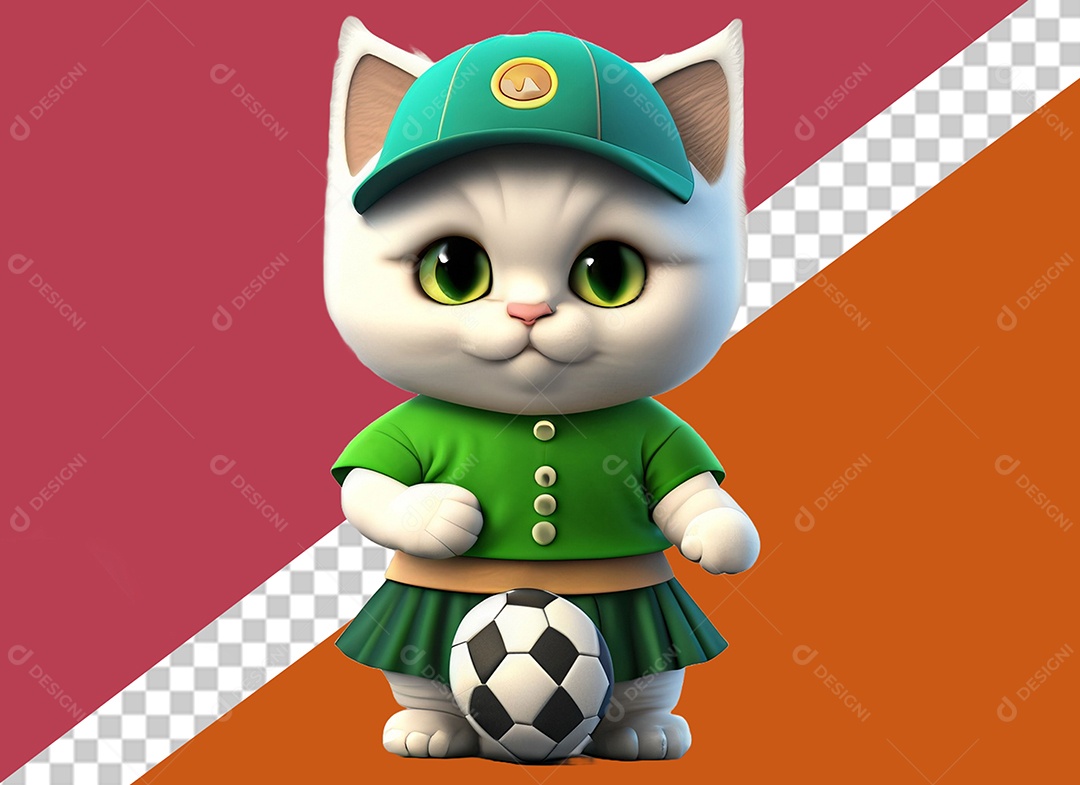 Gatinho com uma Bola de Futebol Elemento 3D para Composição PSD