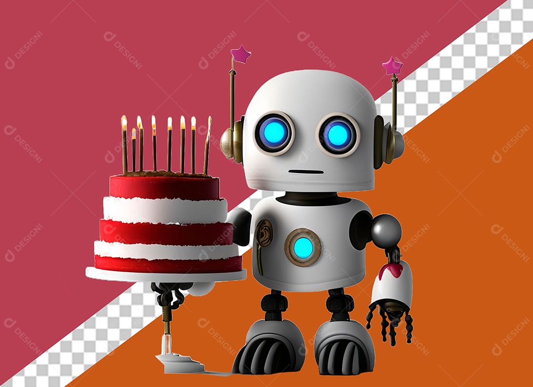 Robô 3D Branco Segurando Bolo de Aniversário Elemento para Composição PSD