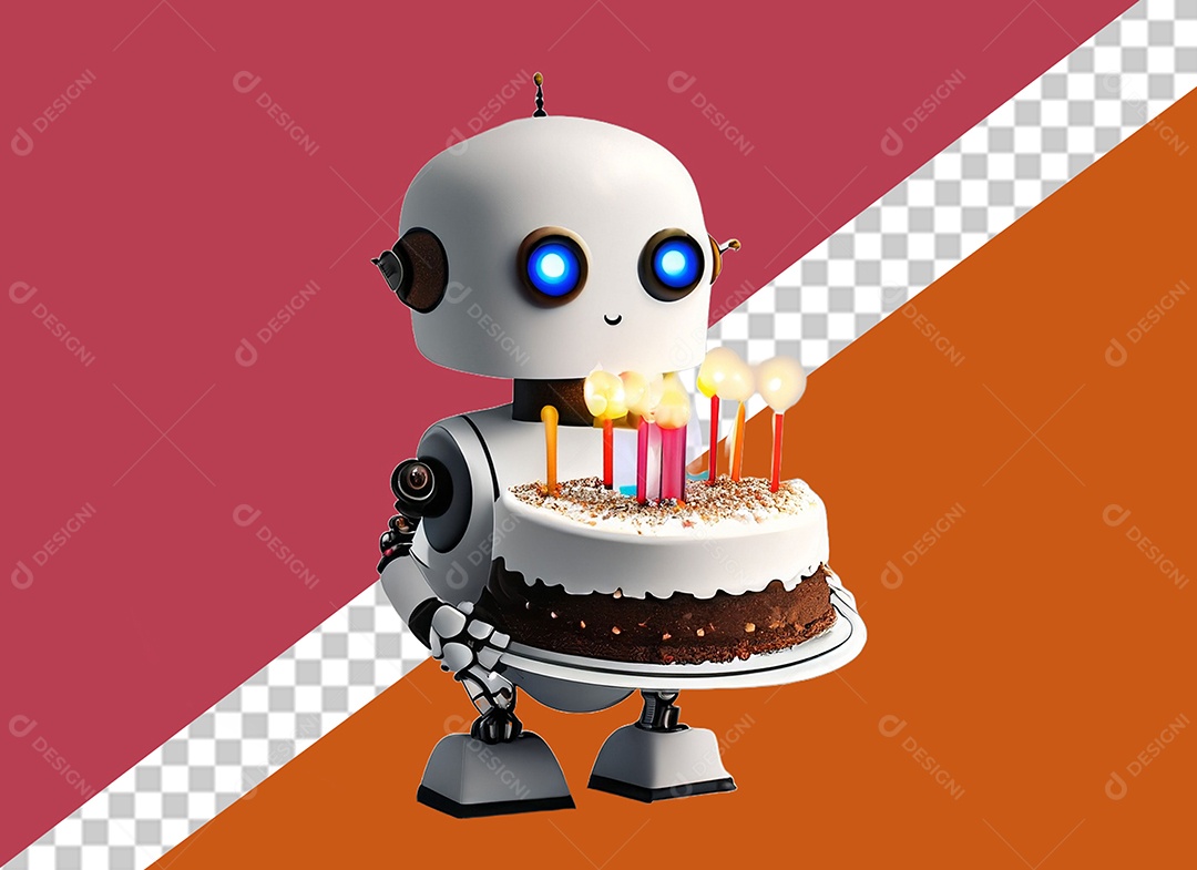 Robô 3D Branco Segurando Bolo de Aniversário Elemento para Composição PSD