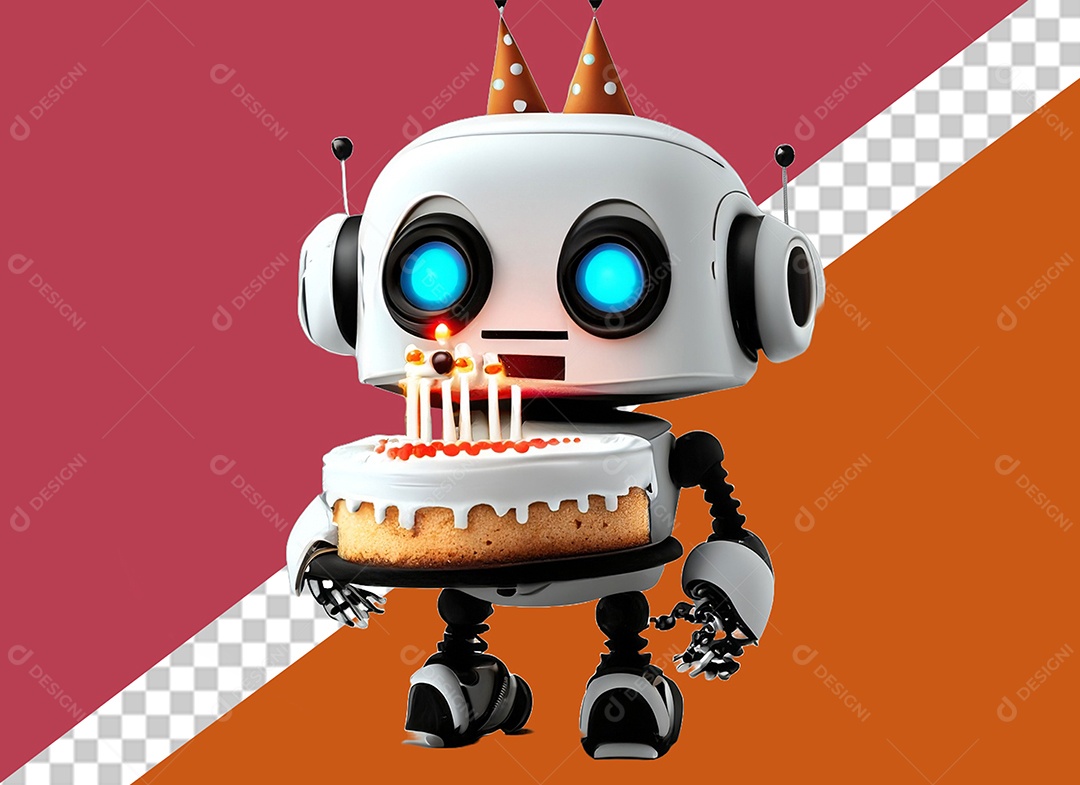 Robô 3D Branco Segurando Bolo de Aniversário Elemento para Composição PSD