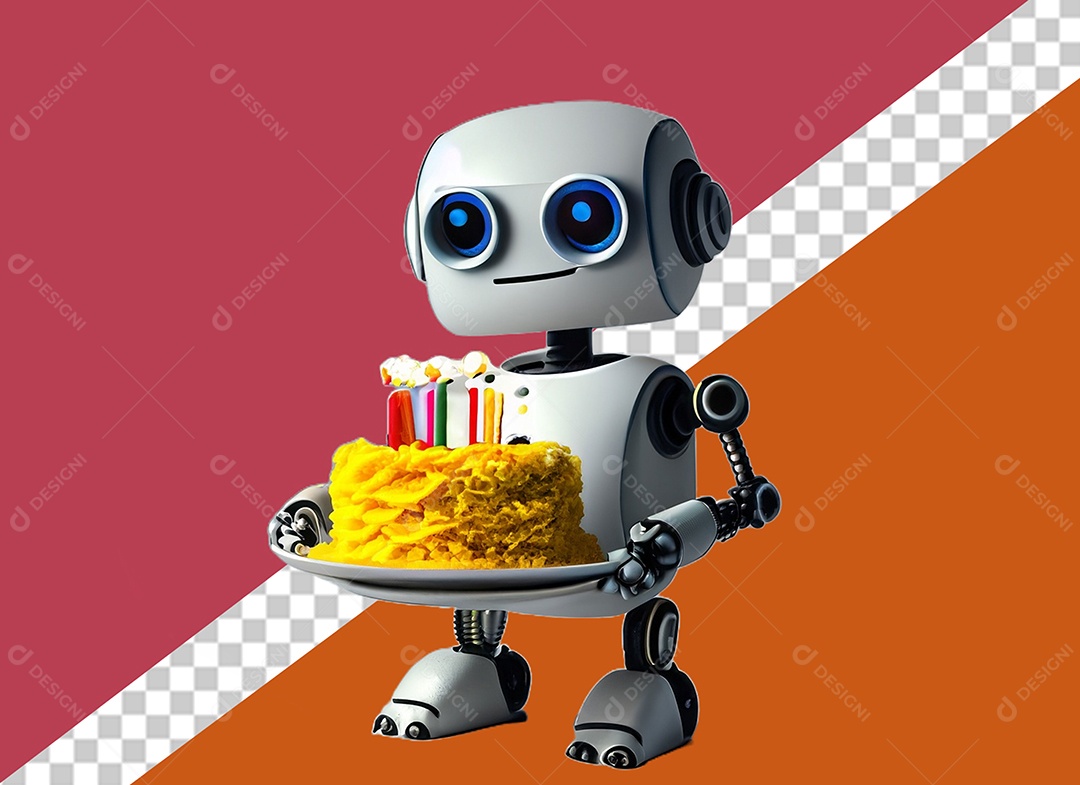 Robô 3D Branco Segurando Bolo de Aniversário Elemento para Composição PSD