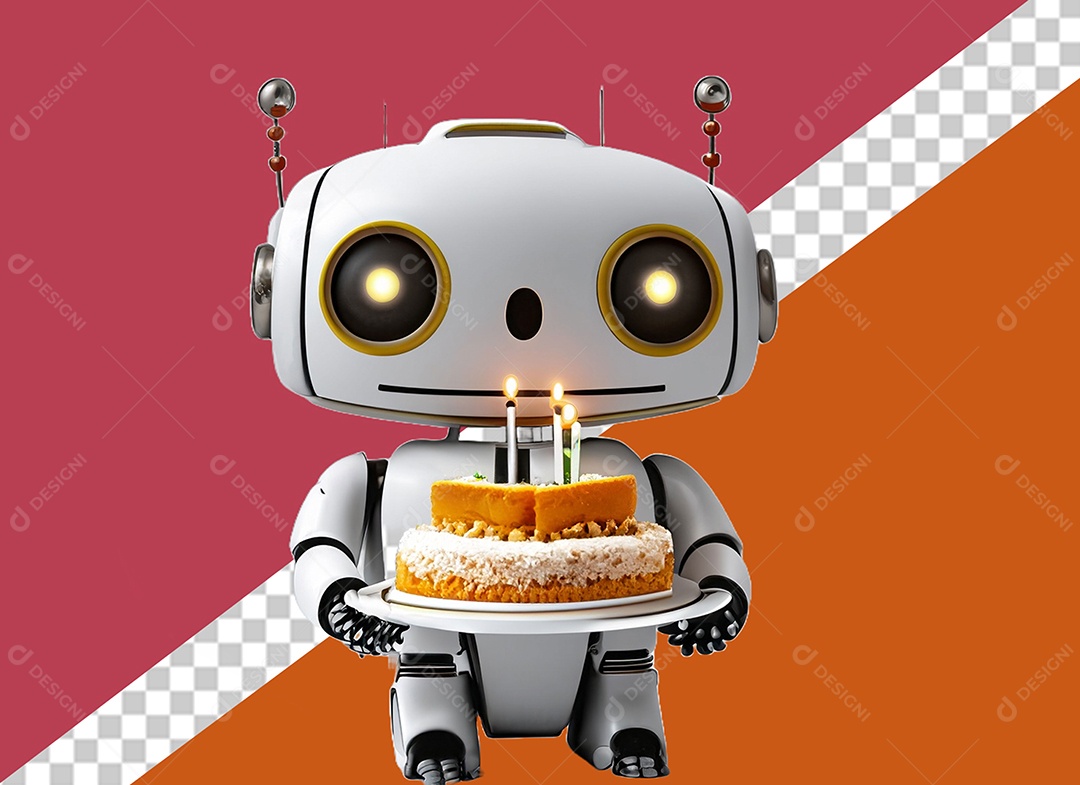 Robô 3D Branco Segurando Bolo de Aniversário Elemento para Composição PSD