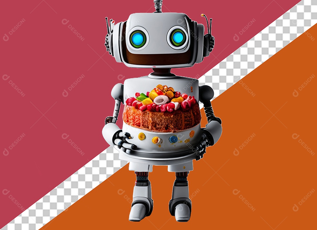 Robô 3D Branco Segurando Bolo de Aniversário Elemento para Composição PSD