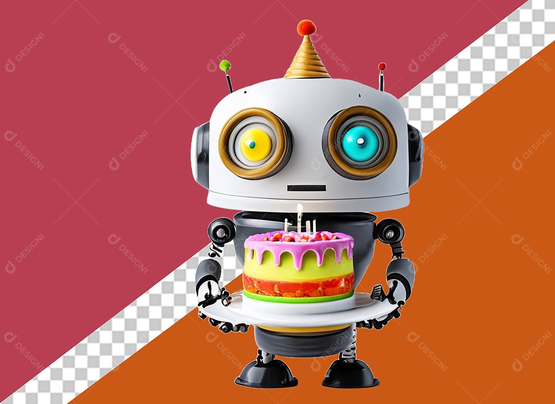 Robô 3D Branco Segurando Bolo de Aniversário Elemento para Composição PSD
