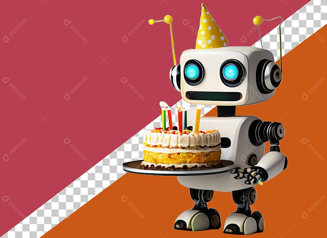 Robô 3D Branco Segurando Bolo de Aniversário Elemento para Composição PSD