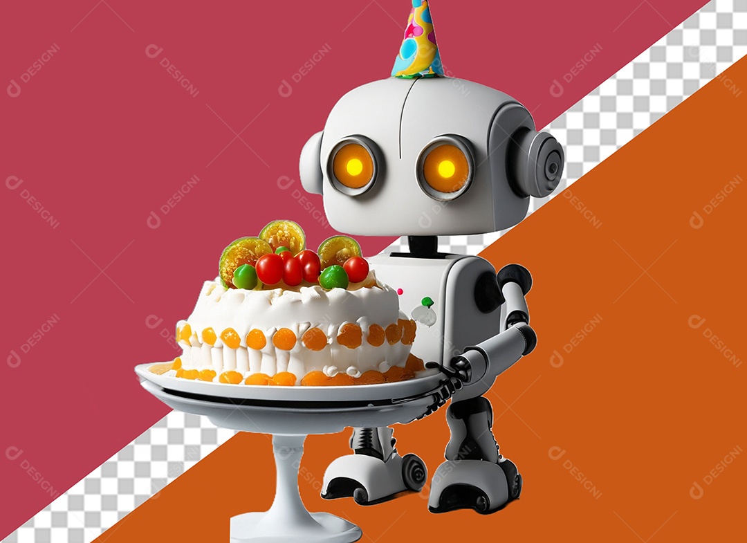 Robô 3D Branco Segurando Bolo de Aniversário Elemento para Composição PSD