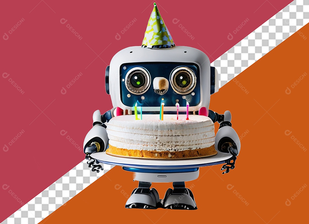 Robô 3D Branco Segurando Bolo de Aniversário Elemento para Composição PSD
