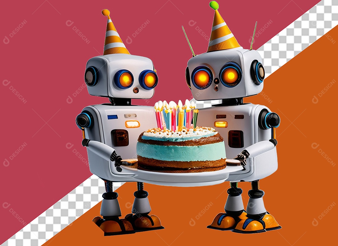 Robores 3D Branco Segurando Bolo de Aniversário Elemento para Composição PSD