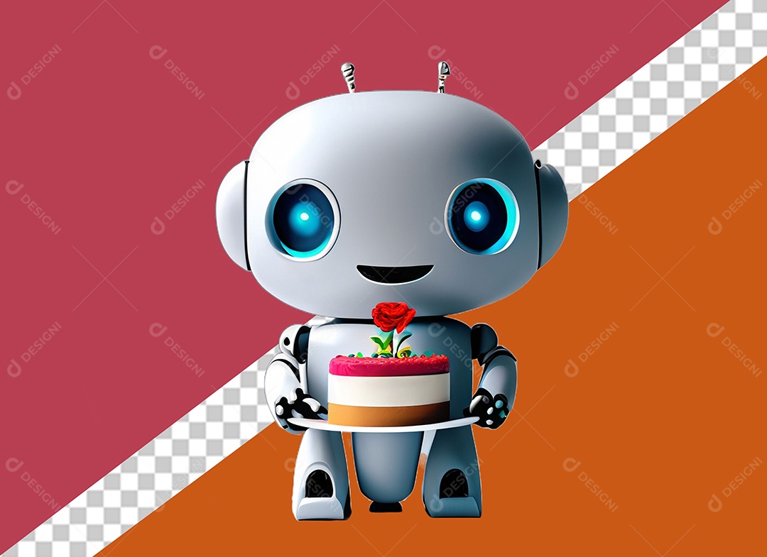 Robô 3D Branco Segurando Bolo de Aniversário Elemento para Composição PSD
