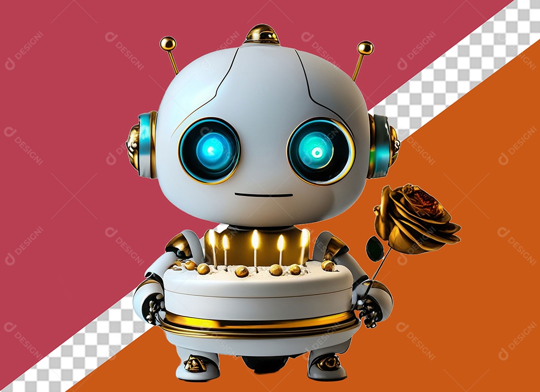 Robô 3D Branco Segurando Bolo de Aniversário Elemento para Composição PSD
