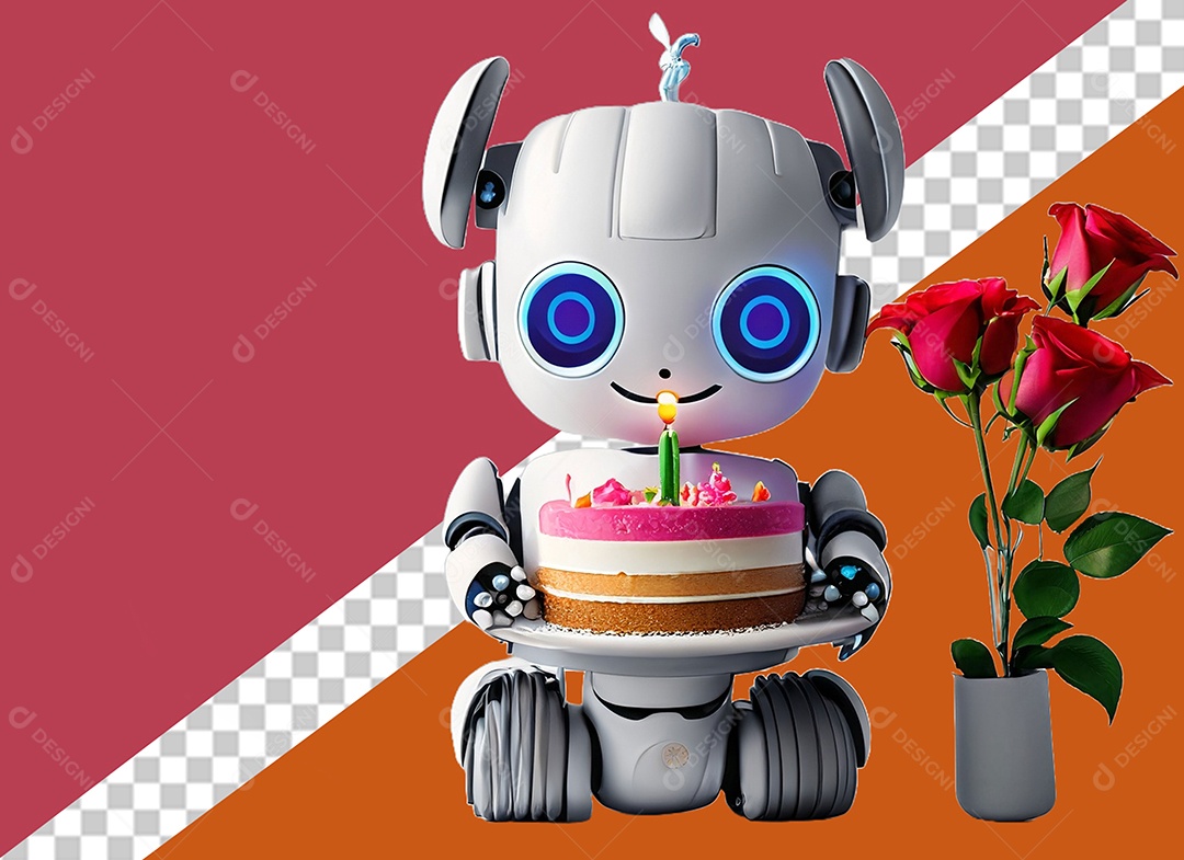 Robô 3D Branco Segurando Bolo de Aniversário Elemento para Composição PSD