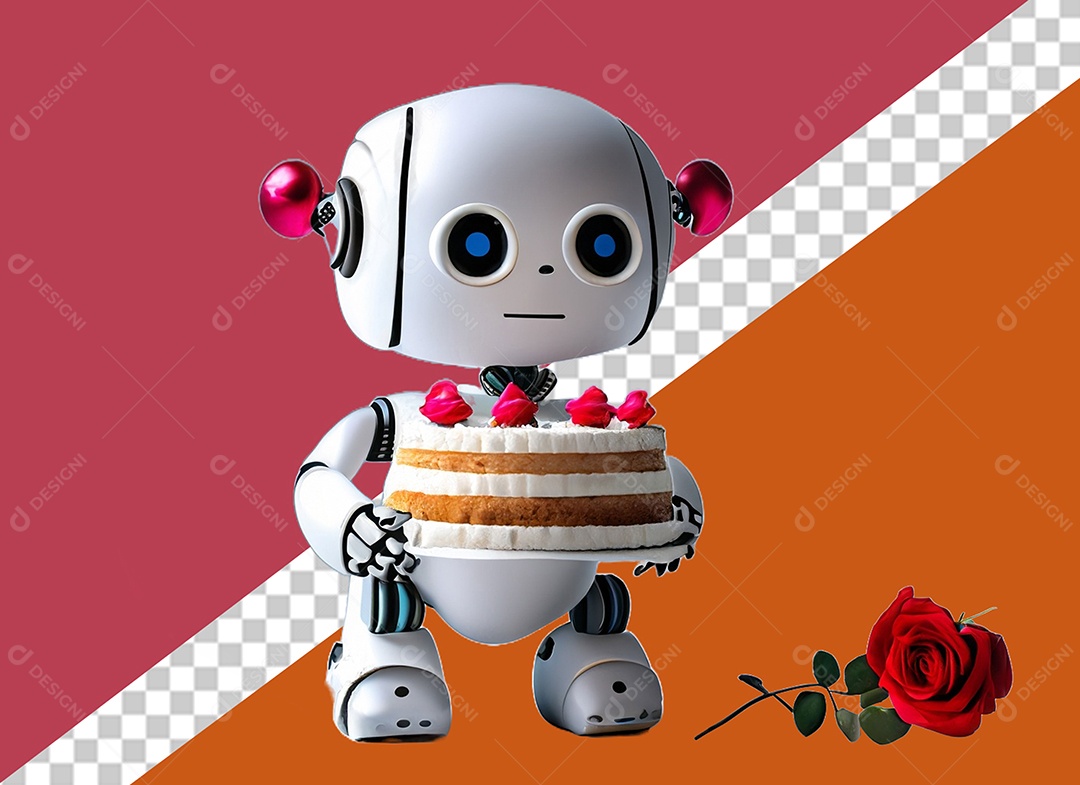 Robô 3D Branco Segurando Bolo de Aniversário Elemento para Composição PSD