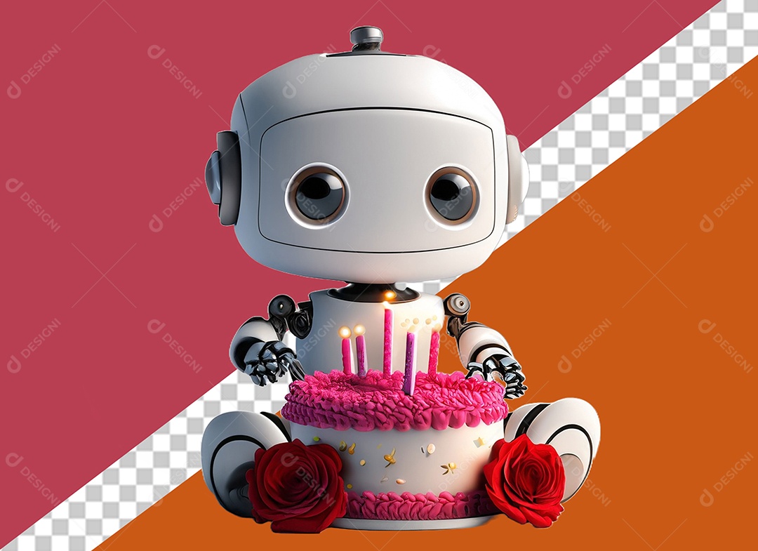 Robô 3D Branco Segurando Bolo de Aniversário Elemento para Composição PSD