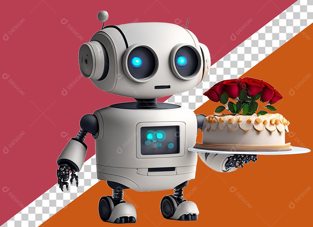 Robô 3D Branco Segurando Bolo de Aniversário Elemento para Composição PSD