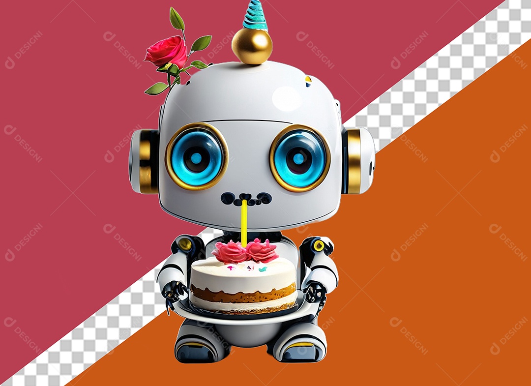 Robô 3D Branco Segurando Bolo de Aniversário Elemento para Composição PSD