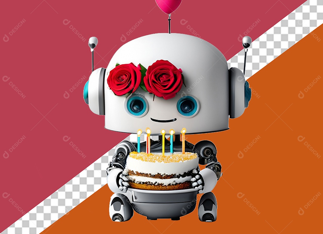 Robô 3D Branco Segurando Bolo de Aniversário Elemento para Composição PSD