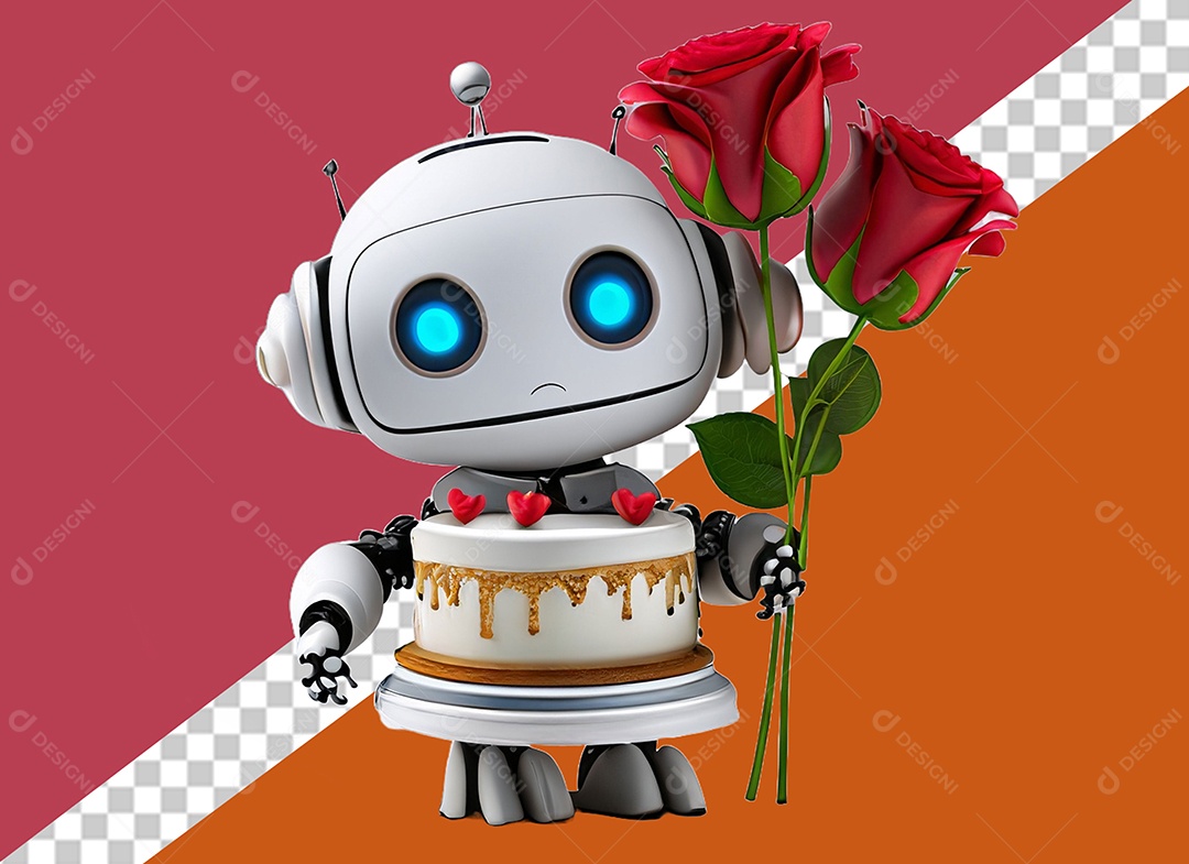 Robô 3D Branco Segurando Bolo de Aniversário Elemento para Composição PSD
