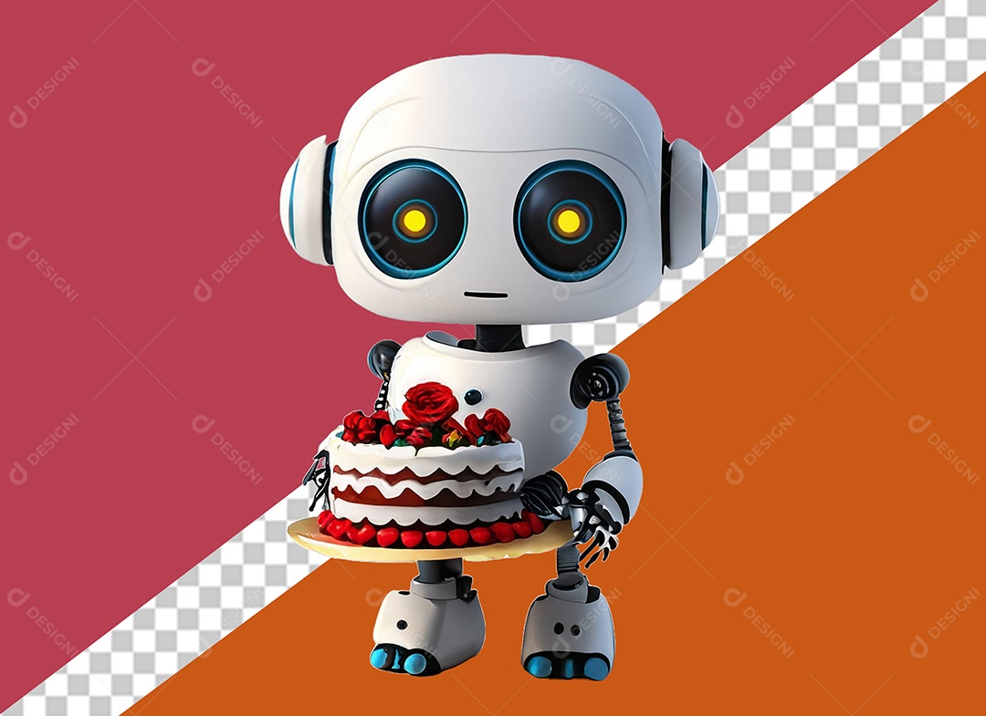 Robô 3D Branco Segurando Bolo de Aniversário Elemento para Composição PSD
