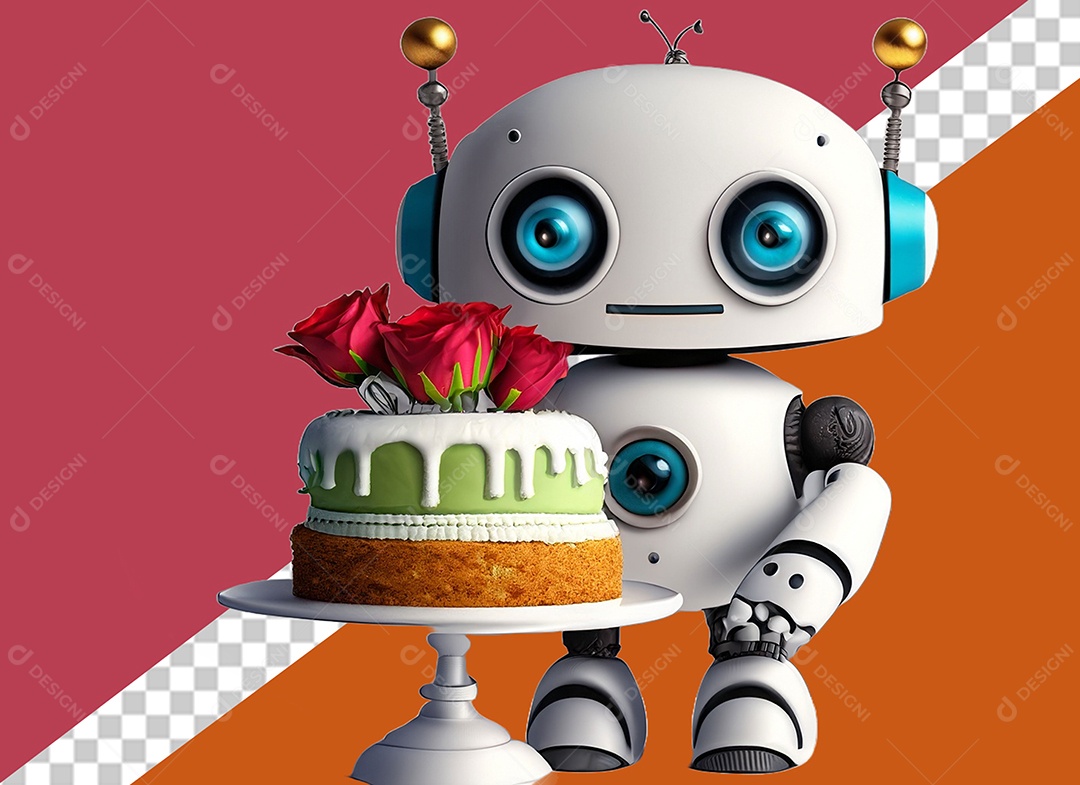Robô 3D Branco Segurando Bolo de Aniversário Elemento para Composição PSD
