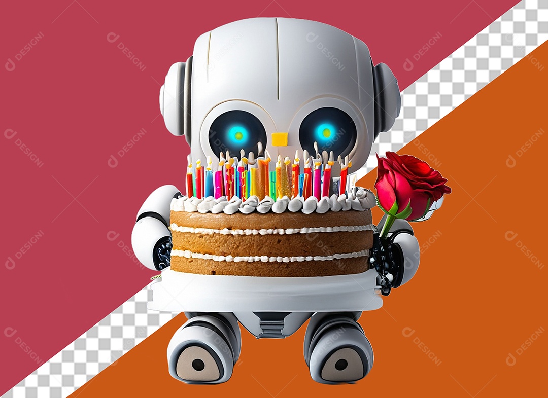 Robô 3D Branco Segurando Bolo de Aniversário Elemento para Composição PSD