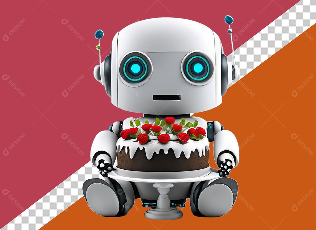 Robô 3D Branco Segurando Bolo de Aniversário Elemento para Composição PSD