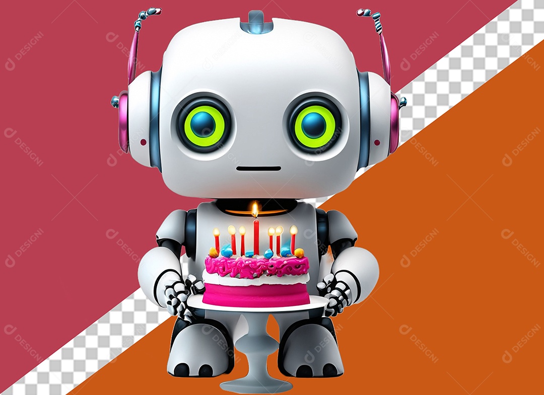 Robô 3D Branco Segurando Bolo de Aniversário Elemento para Composição PSD