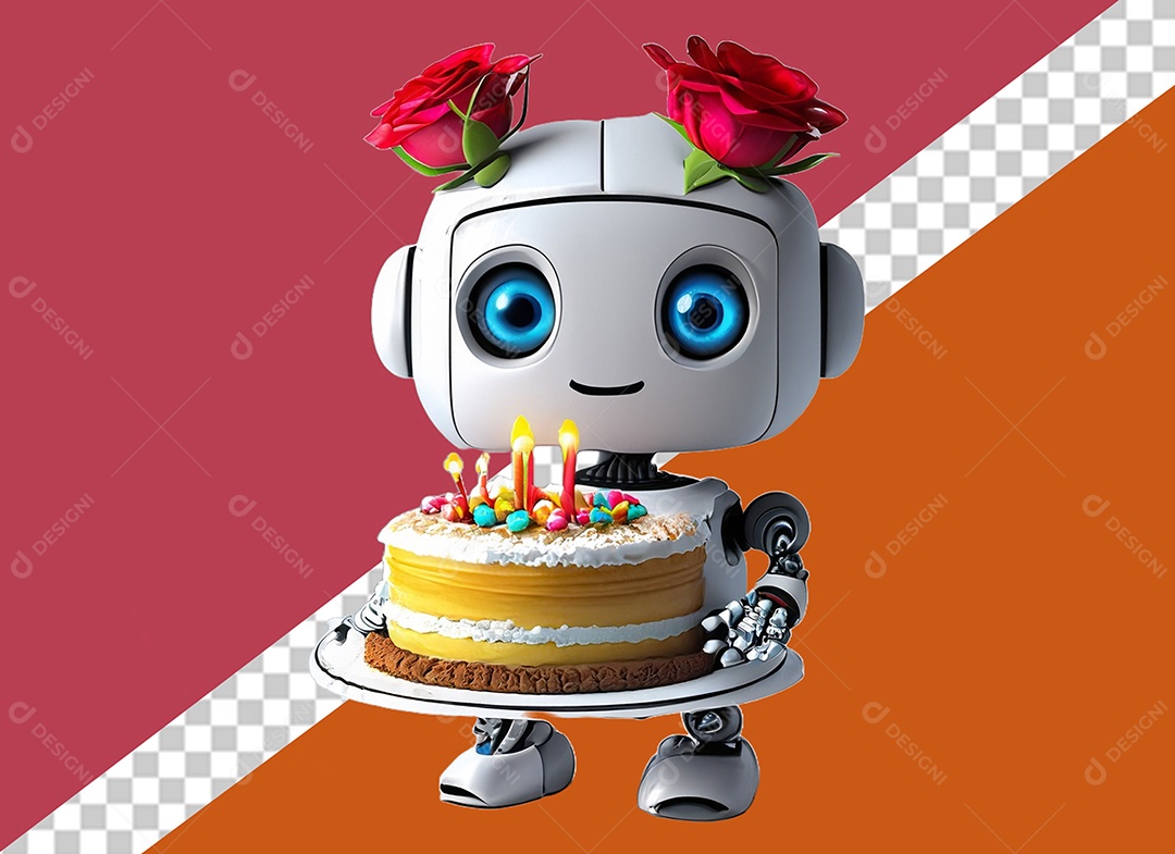 Robô 3D Branco Segurando Bolo de Aniversário Elemento para Composição PSD