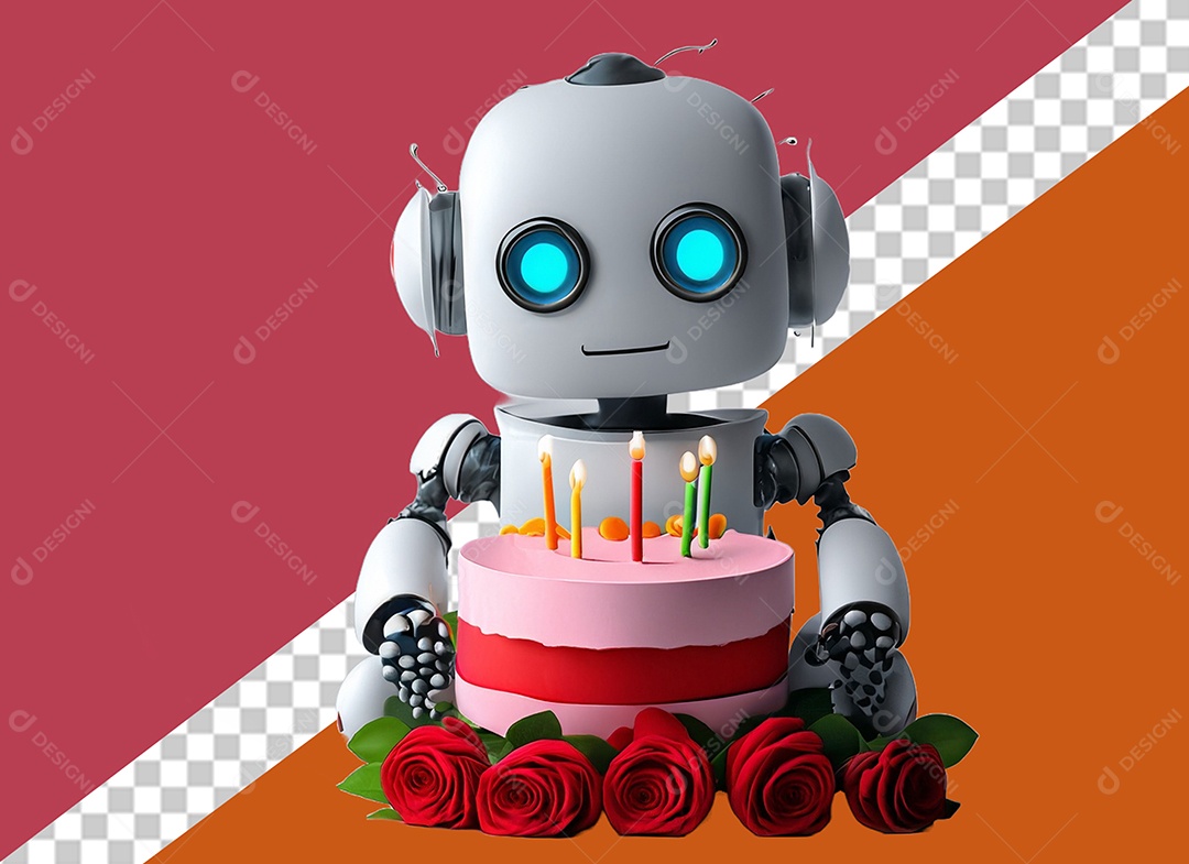 Robô 3D Branco Segurando Bolo de Aniversário Elemento para Composição PSD