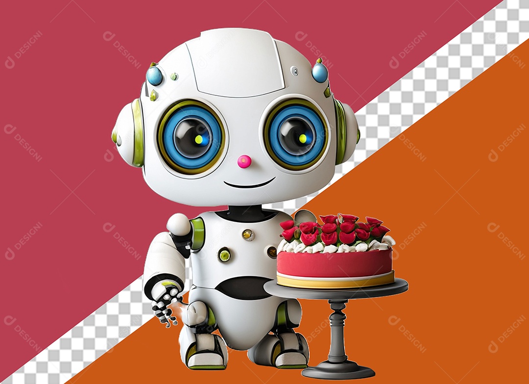 Robô 3D Branco Segurando Bolo de Aniversário Elemento para Composição PSD