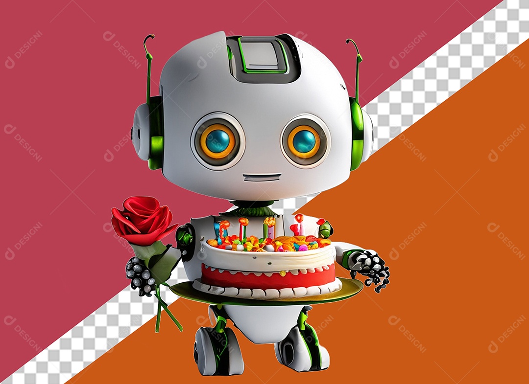 Robô 3D Branco Segurando Bolo de Aniversário Elemento para Composição PSD