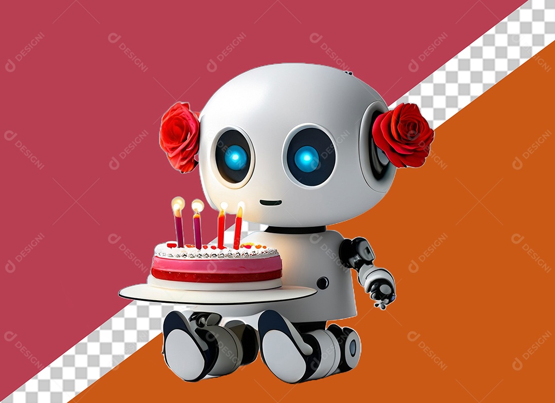Robô 3D Branco Segurando Bolo de Aniversário Elemento para Composição PSD