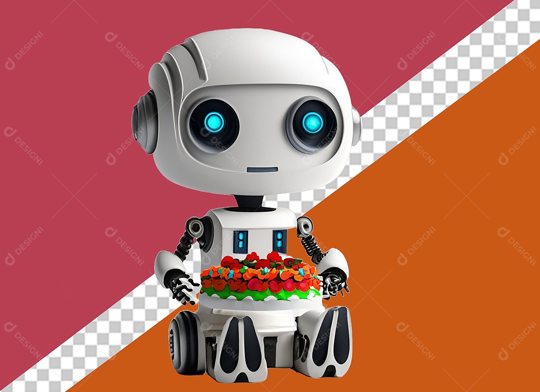 Robô 3D Branco Segurando Bolo de Aniversário Elemento para Composição PSD
