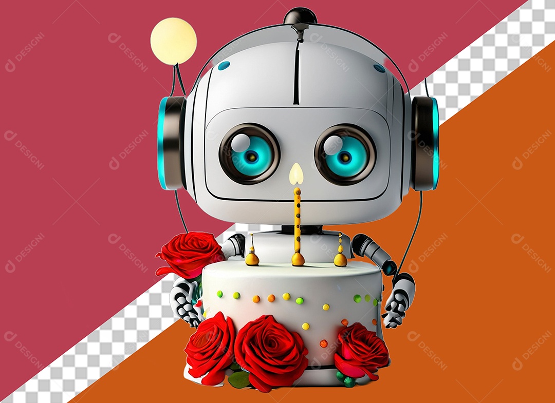 Robô 3D Branco Segurando Bolo de Aniversário Elemento para Composição PSD