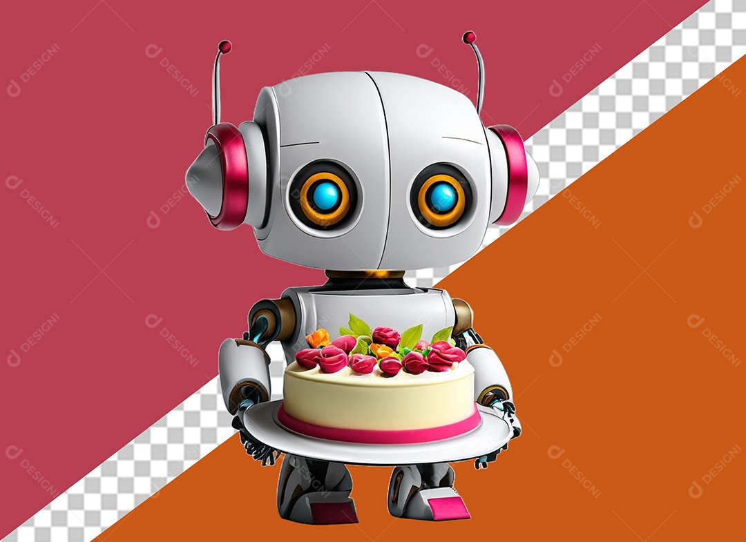 Robô 3D Branco Segurando Bolo de Aniversário Elemento para Composição PSD