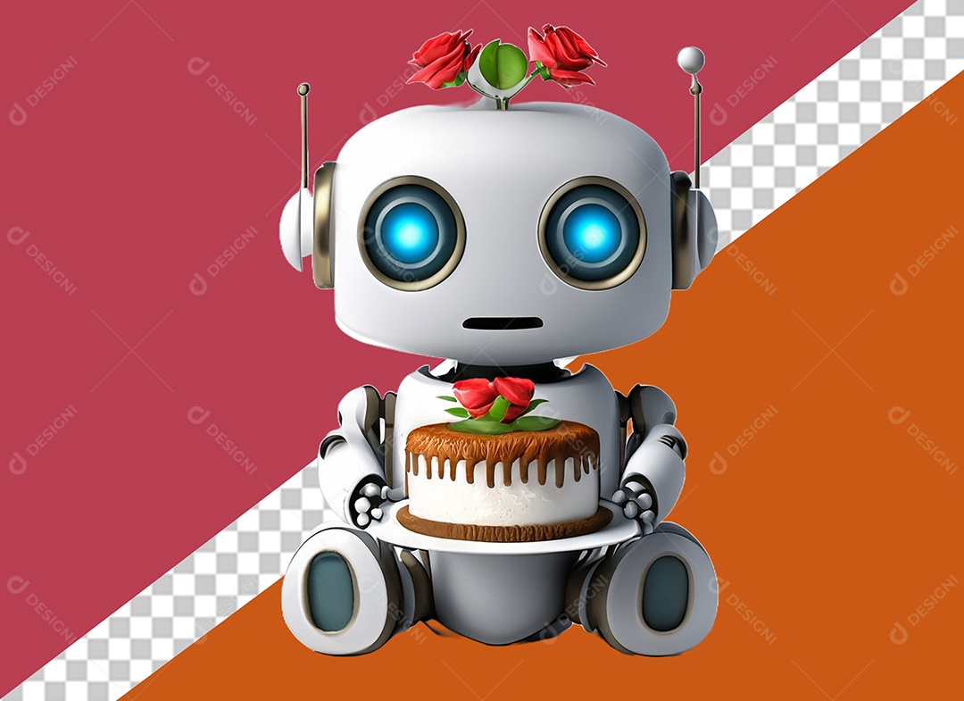 Robô 3D Branco Segurando Bolo de Aniversário Elemento para Composição PSD