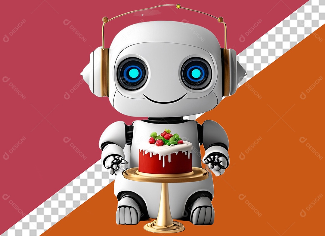 Robô 3D Branco Segurando Bolo de Aniversário Elemento para Composição PSD