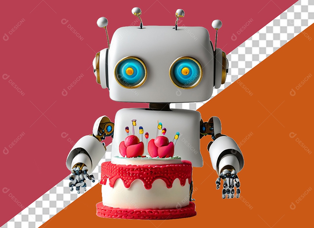 Robô 3D Branco Segurando Bolo de Aniversário Elemento para Composição PSD