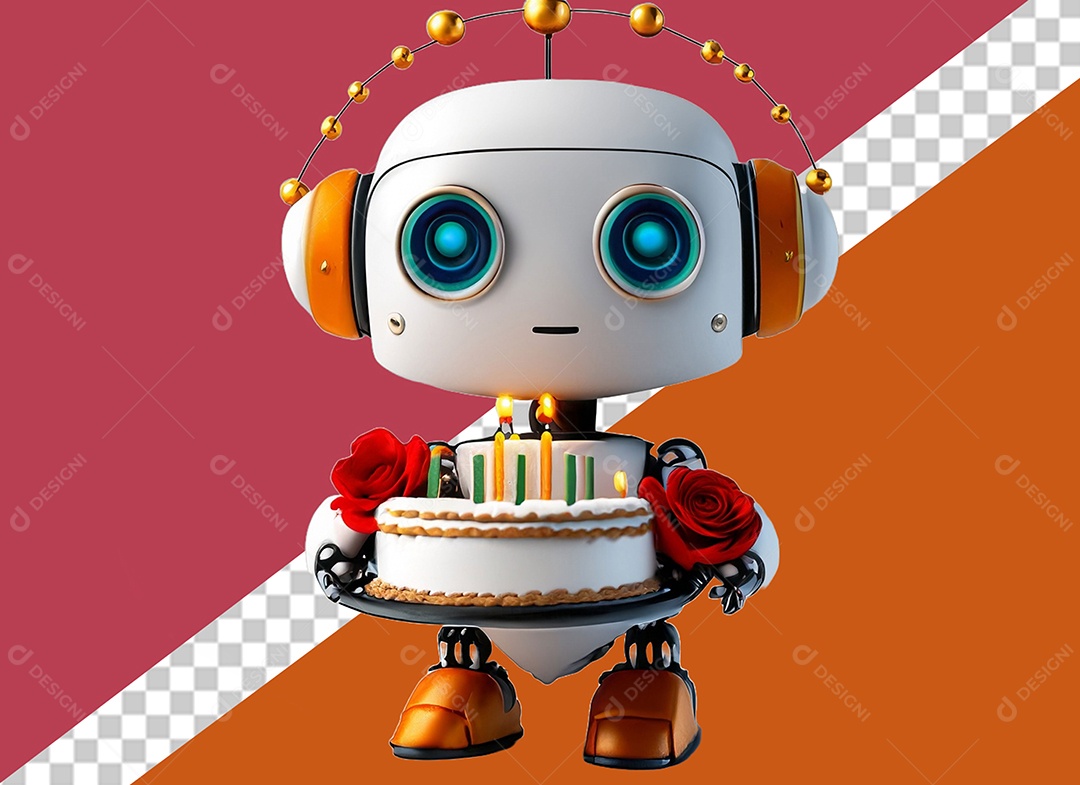 Robô 3D Branco Segurando Bolo de Aniversário Elemento para Composição PSD