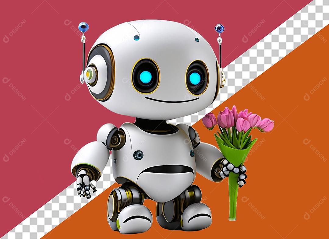 Robô 3D Branco Segurando Flores Elemento para Composição PSD