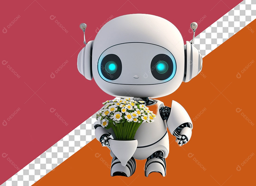 Robô 3D Branco Segurando Flores Elemento para Composição PSD
