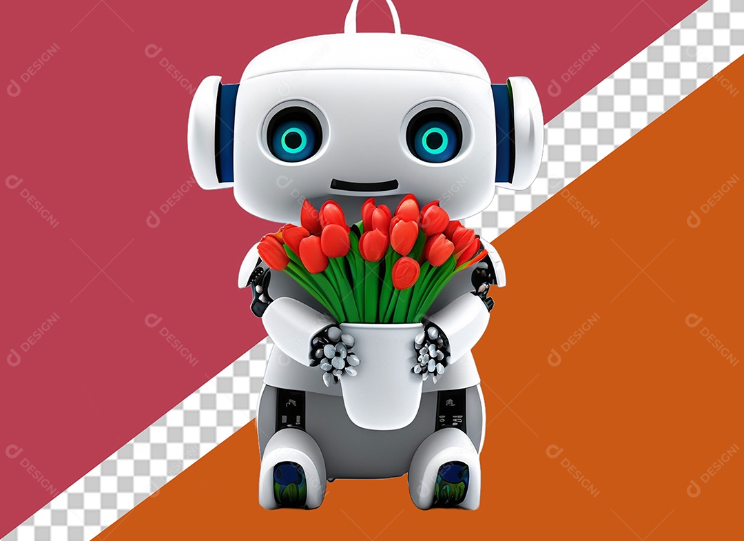 Robô 3D Branco Segurando Flores Elemento para Composição PSD