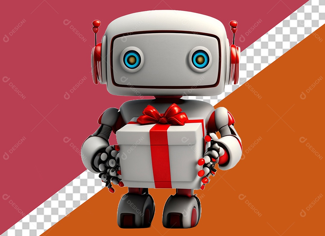 Robô Segurando uma Caixa de Presente Elemento 3D Branco e Vermelho para Composição PSD
