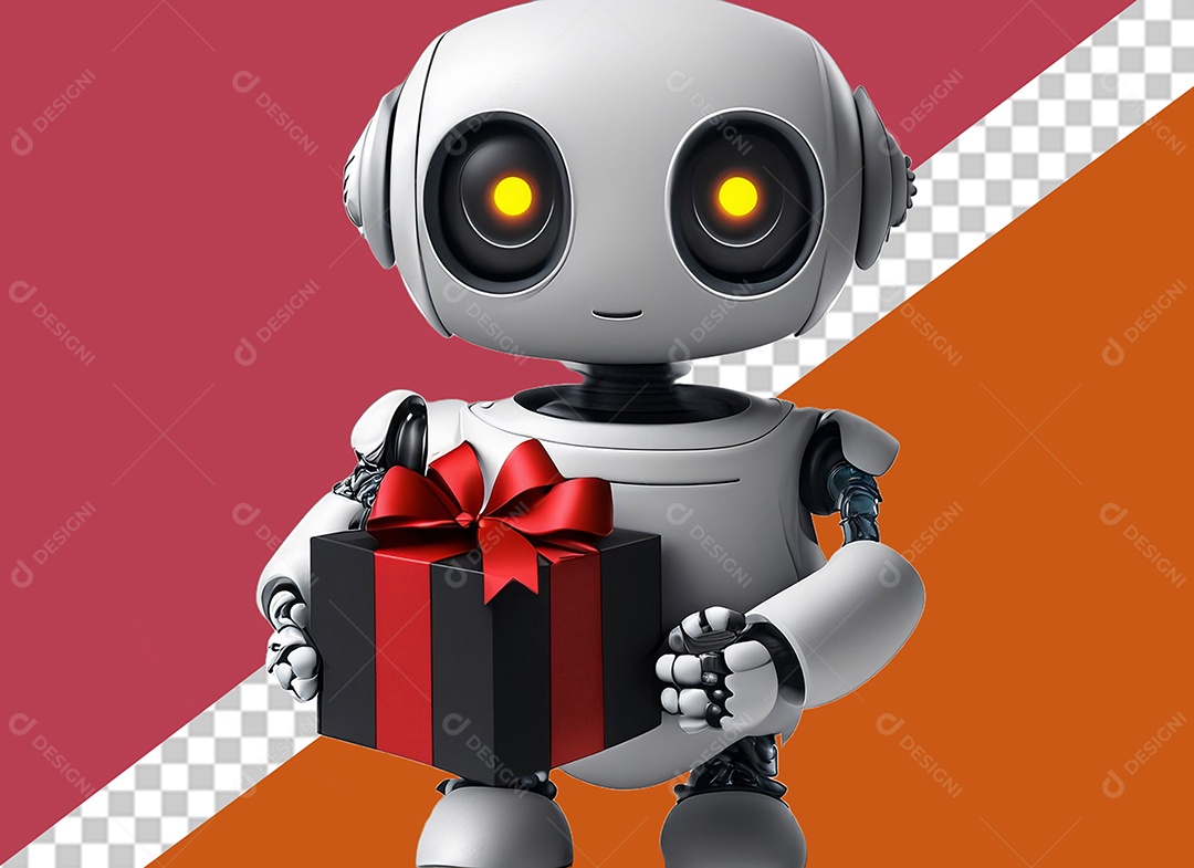 Robô Segurando uma Caixa de Presente Elemento 3D Preto e Vermelho para Composição PSD