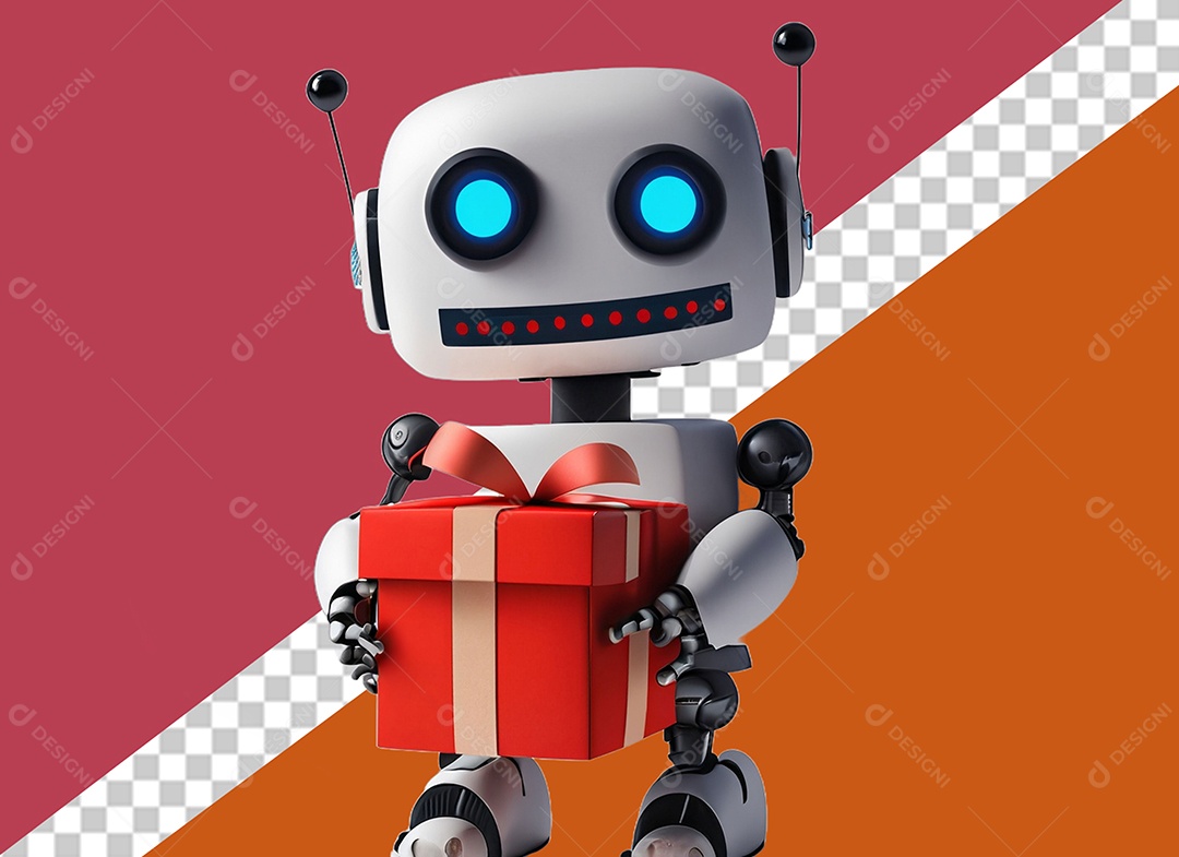 Robô Segurando uma Caixa de Presente Elemento 3D Branco e Vermelho para Composição PSD
