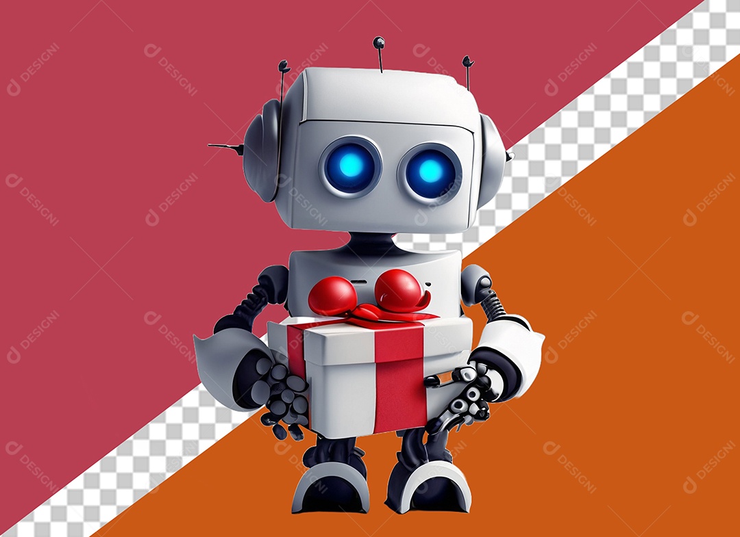 Robô Segurando uma Caixa de Presente Elemento 3D Branco e Vermelho para Composição PSD