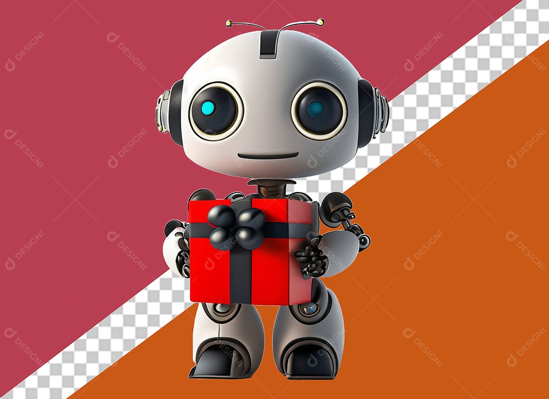 Robô Segurando uma Caixa de Presente Elemento 3D Preto e Vermelho para Composição PSD