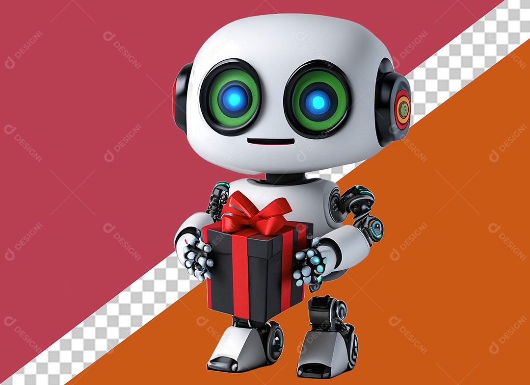 Robô Segurando uma Caixa de Presente Elemento 3D Preto e Vermelho para Composição PSD