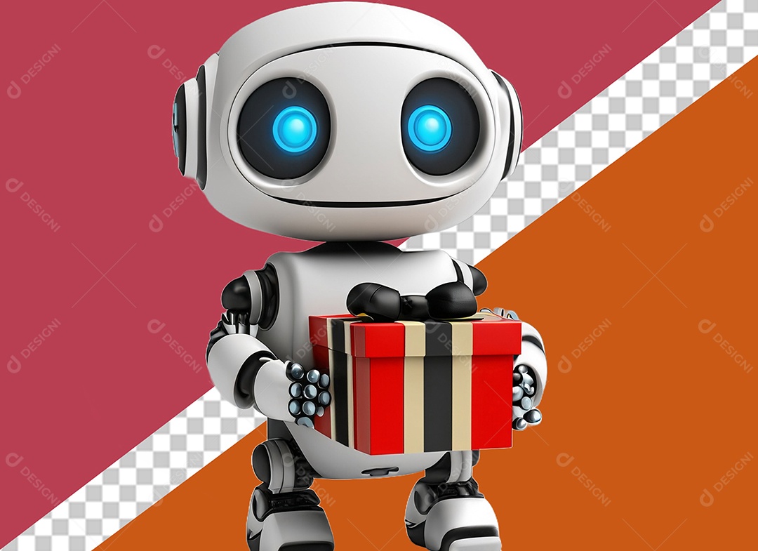 Robô Segurando uma Caixa de Presente Elemento 3D Preto e Vermelho para Composição PSD